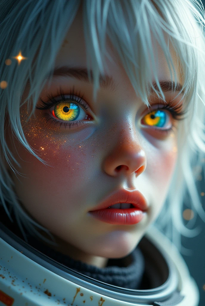(Close-up of a masterpiece:1.5)0.9]，(Space and astronauts:1.2) (Messy silver hair:1.1) (Heterochromia yellow blue eyes:1.2) (Casque spatial:1.0) (Colorful stars in the eyes:1.0) (Dazzling light:1.1) (Thick lip:0.9)