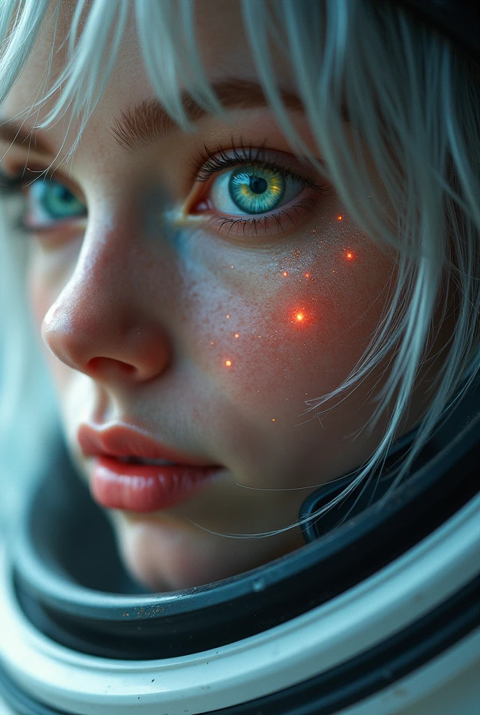 (Close-up of a masterpiece:1.5)0.9]，(Space and astronauts:1.2) (Messy silver hair:1.1) (Heterochromia yellow blue eyes:1.2) (Casque spatial:1.0) (Colorful stars in the eyes:1.0) (Dazzling light:1.1) (Thick lip:0.9)