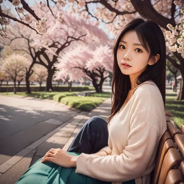 (masterpiece, best quality:1.2), 1girl, solo,sitting on bench,looking at viewer