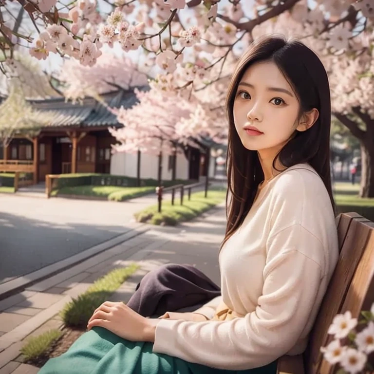 (masterpiece, best quality:1.2), 1girl, solo,sitting on bench,looking at viewer