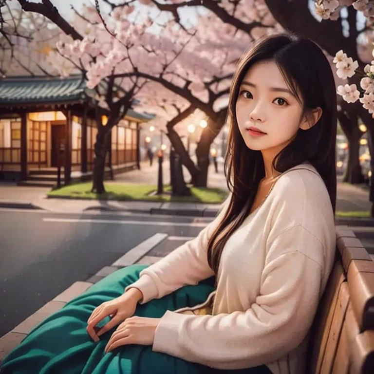 (masterpiece, best quality:1.2), 1girl, solo,sitting on bench,looking at viewer