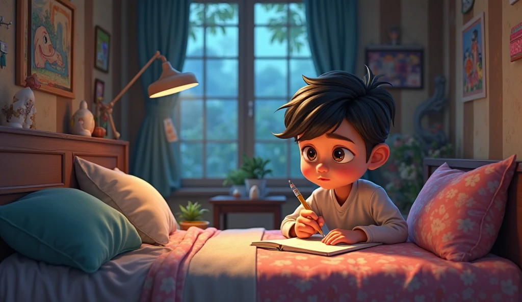 small boy in his room, studying, happy, high resolution, fantasy drawing, pencil strokes, black and white