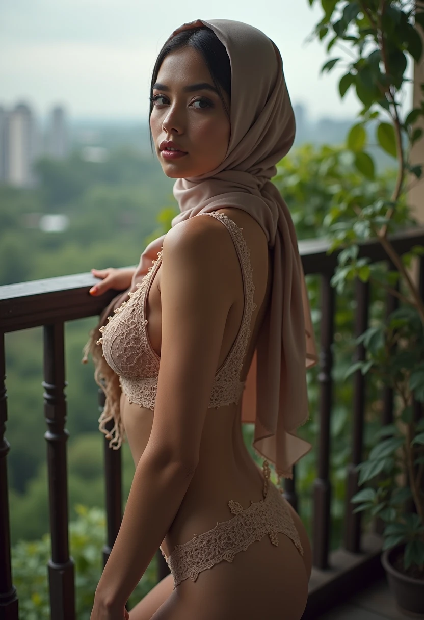 Beautiful 18 year old hijab, heavy makeup, eyeshadow, saree dress, short skirt, expose her stunning back, arched pose, modern rich house and dimly lit bedroom, erotic atmosphere, sexy pose, upskirt, thin legs, bent over bed, ass up,