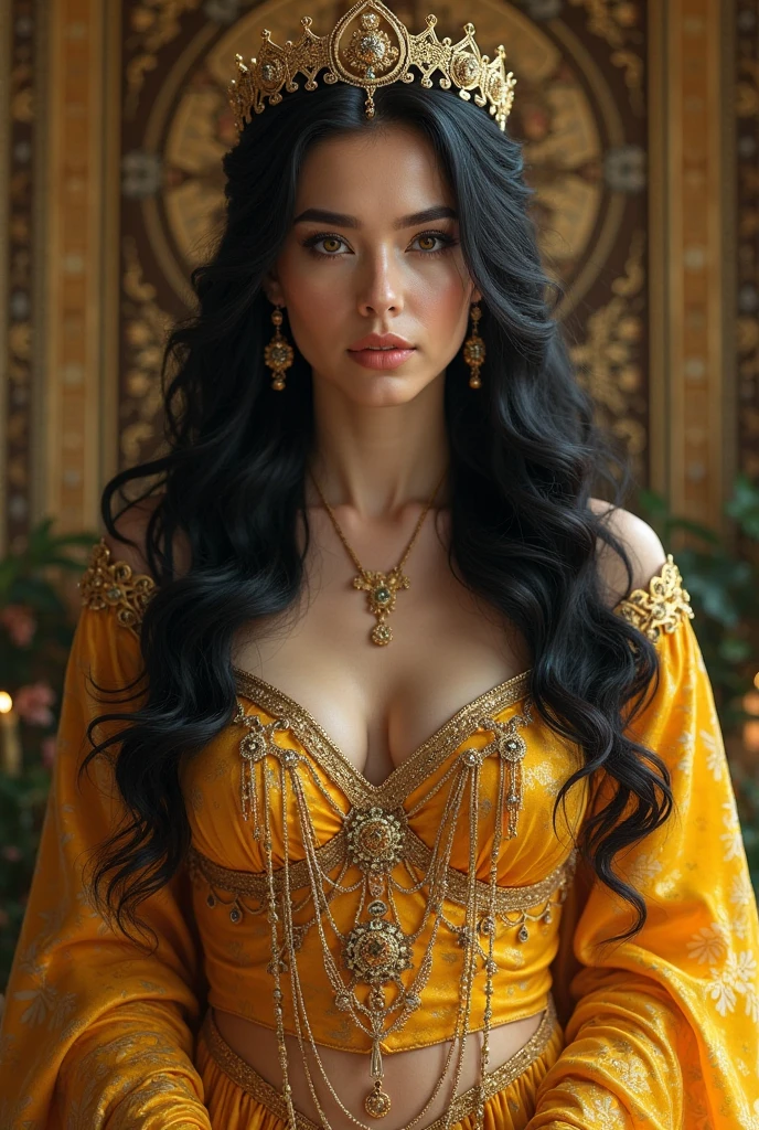 The goddess of gold and time, with a beautiful face and her fierce blue eyes pair with her wavy long dark blue hair cascades in her waist and her even white skin tone with her golden dress and gold accessories around her body, a pointy nose and a face with fierce eyes but calm face at the same time, standing beside a big clock and golds in her hands, she’s tall and represents a body shape with big boobs and big butt, holding alot of golden objects, sexy body and deceive deceiving look, an object in her hand and sitting in her golden clock with a sexy look and lust in her face and body, and big boobs with small waist and big butt, fierce face