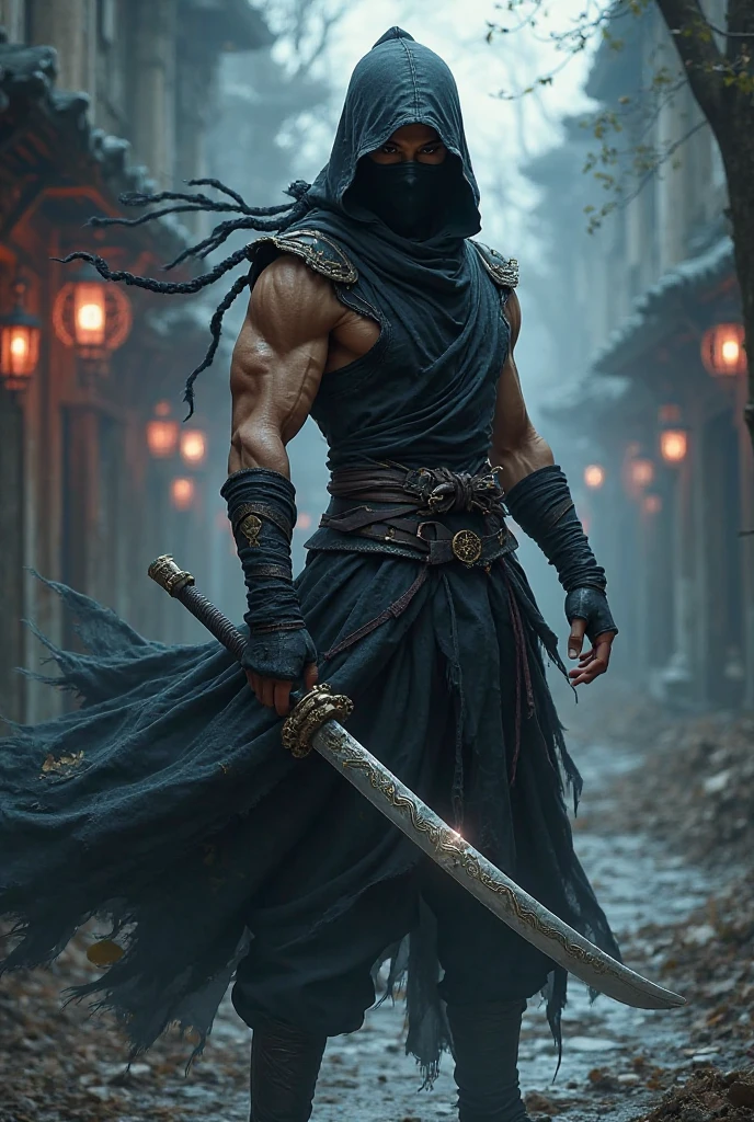 Camouflaged, Ninja-like, muscular man with hood, in medieval style with katana sword and throwing knife