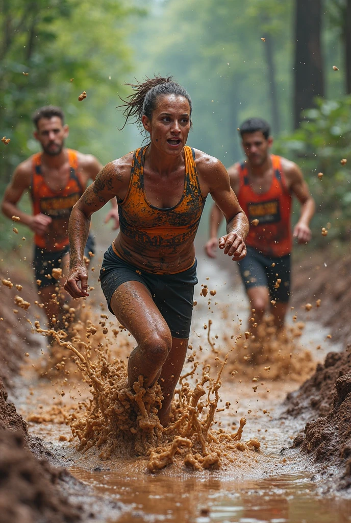 a team of runners with different body types and who have mud or water obstacles and a tall structure to climb