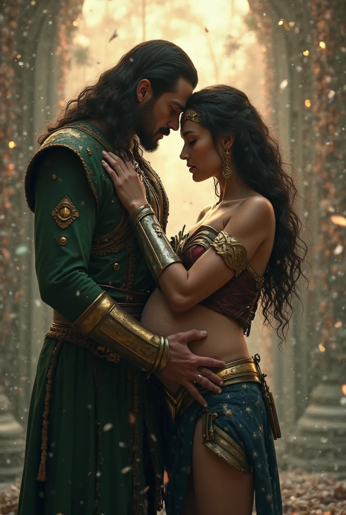 an interracial couple in full royal garb romantic embrace, curvy hourglass figure woman in loin armor , , royal pearl navel piercing , nipple piercing ,swooping breasts , wide hips, thick muscular thighs, man fully clothed, man in royal pants, face to face, indian couple , darius zawadzki and lkjhgf, , full body, interracial couple, , jeweled loin guard, rendering, digital painting, Imperial coat of arms , naked female , beautiful attractive antique king and queen lovers. ultra realistic skin texture , 8k, highly detailed face, intricate details, oiled shiny skin