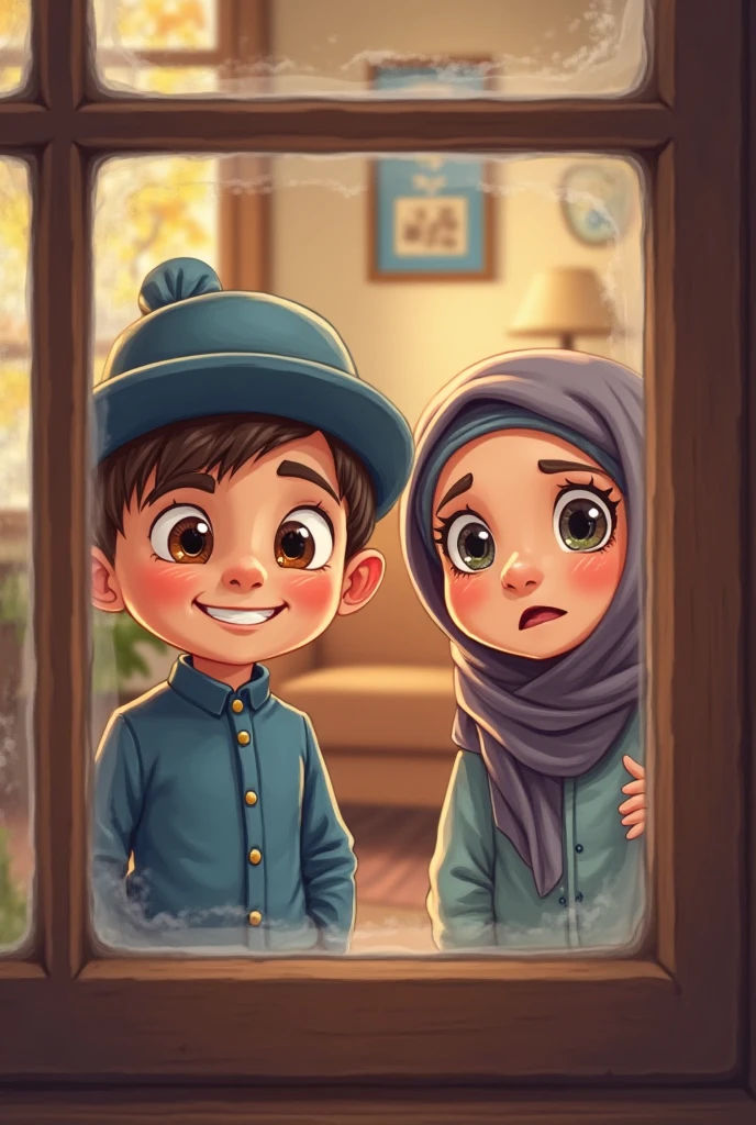 a pair of children's animated characters, a girl wearing a blue hijab, hair tightly covered and a boy wearing a blue hoodie, the boy pinching the girl's cheek, the girl pouting, white skinned, a little far apart