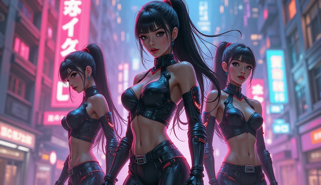 ((sexy woman)),((group of girls)), delicious lighting, blurred background, exceptional costume design, seductive, charming, artistic and memorable pose. Volumetric light accentuating the atmosphere. Girls surround the sexy woman and create an interesting contrast in the overall composition. The colors are rich and contrasting. The image is attractive and has a high visual impact. It's a work of art!)