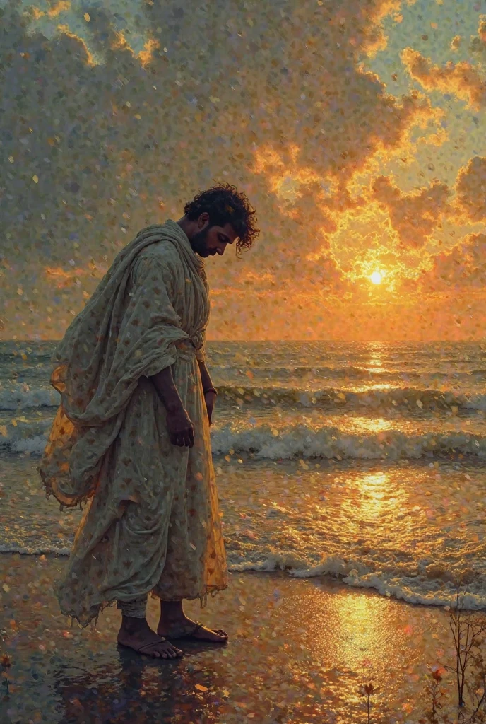 painting of a A man in rags stands on the shores of the azure sea, peace, a paradise picture, white sand, black stones, cinematic scene, volumetric lights, ultra realistic, in the style of nicola samori