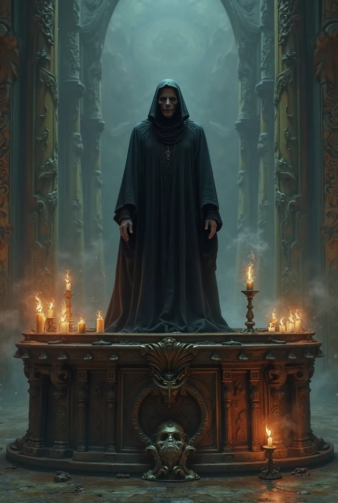A man on top of an altar wearing a black mask