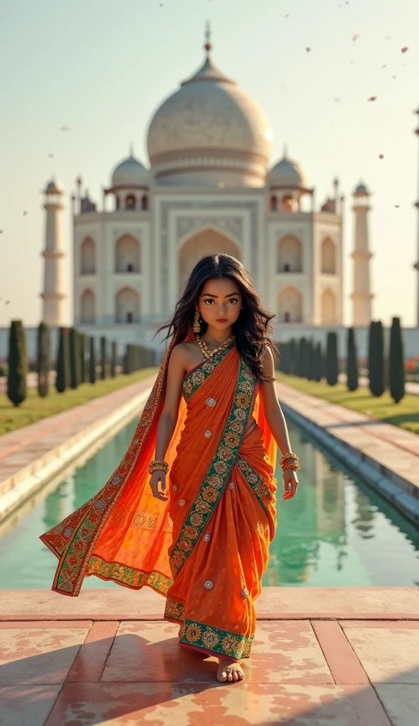 Beautiful model posing in front of Taj Mahal