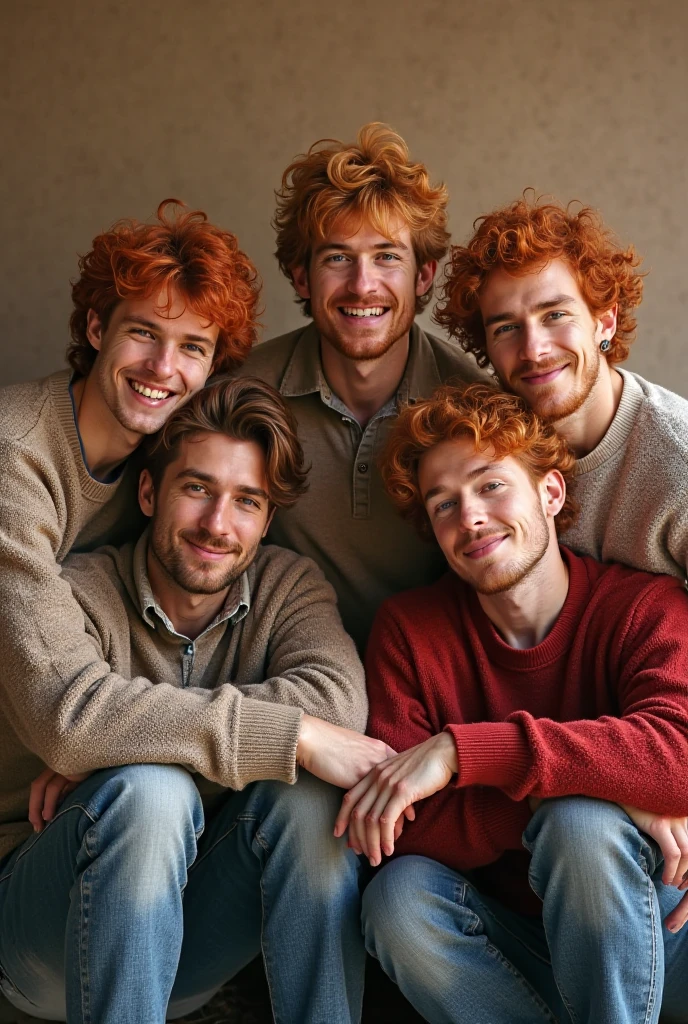 two boys in holding hands, a tall boy with orange hair, freckles and brown eyes with a happy expression, blushing, and another boy with black hair, black eyes, with an embarrassed and blushing expression.