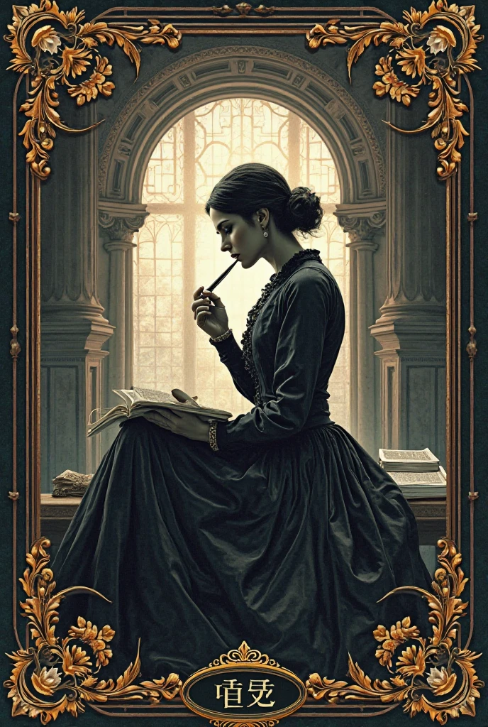 (medium full shot) of (attractive gothiclolita) adult woman, arabian, mahogany skin, brown eyes, busty build, extra long dark bun hair, wearing Macabre gothiclolita attire with a black tulle dress adorned with skulls, striped stockings, combat boots, lace shawl with scalloped edges, set in Study room, Productive corner with a large wooden desk cluttered with papers, a comfortable swivel chair, floor-to-ceiling bookshelves filled with reference books, a globe on a stand, a framed inspirational quote on the wall , ,Masterpiece,best quality, very aesthetic
