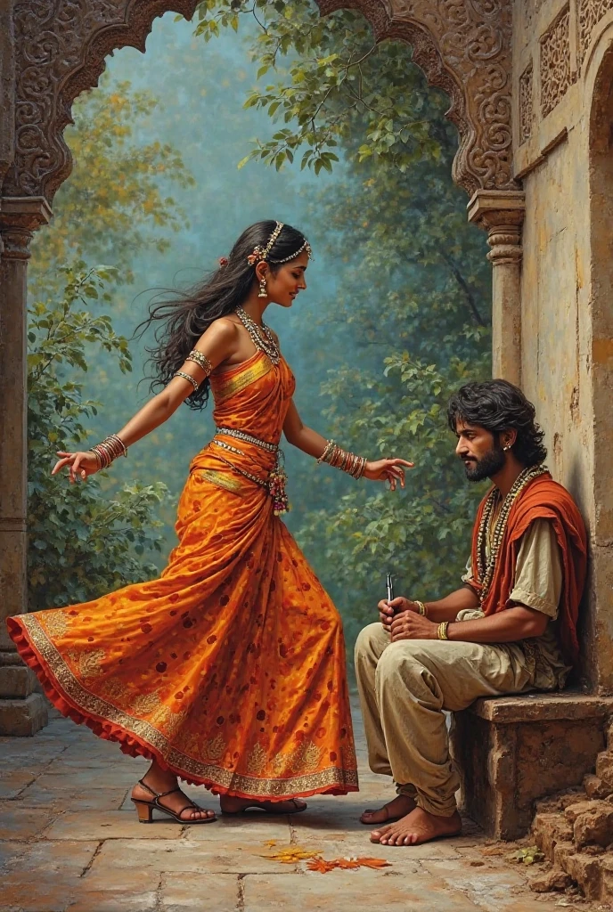 Create a picture of a beautiful Indian girl wearing luxurious Indian clothes and while she is dancing, a beautiful young man in poor clothes sits next to her and writes poetry