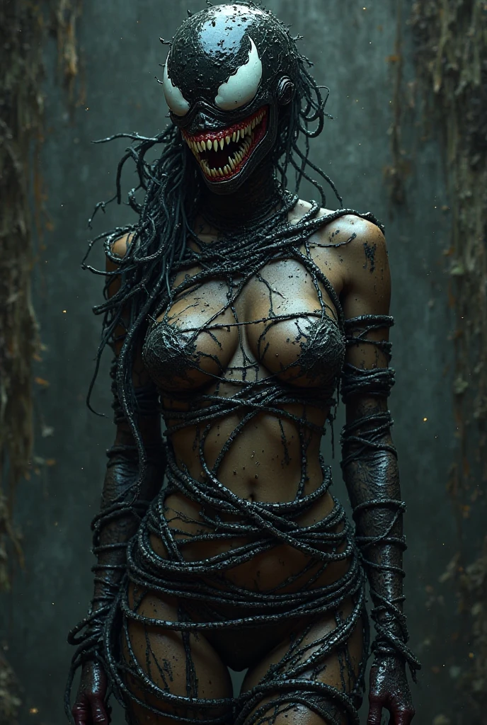 "Tall, skeletal figure, Wearing tattered clothes, with shining eyes and a sinister smile, in a dark and foggy environment."