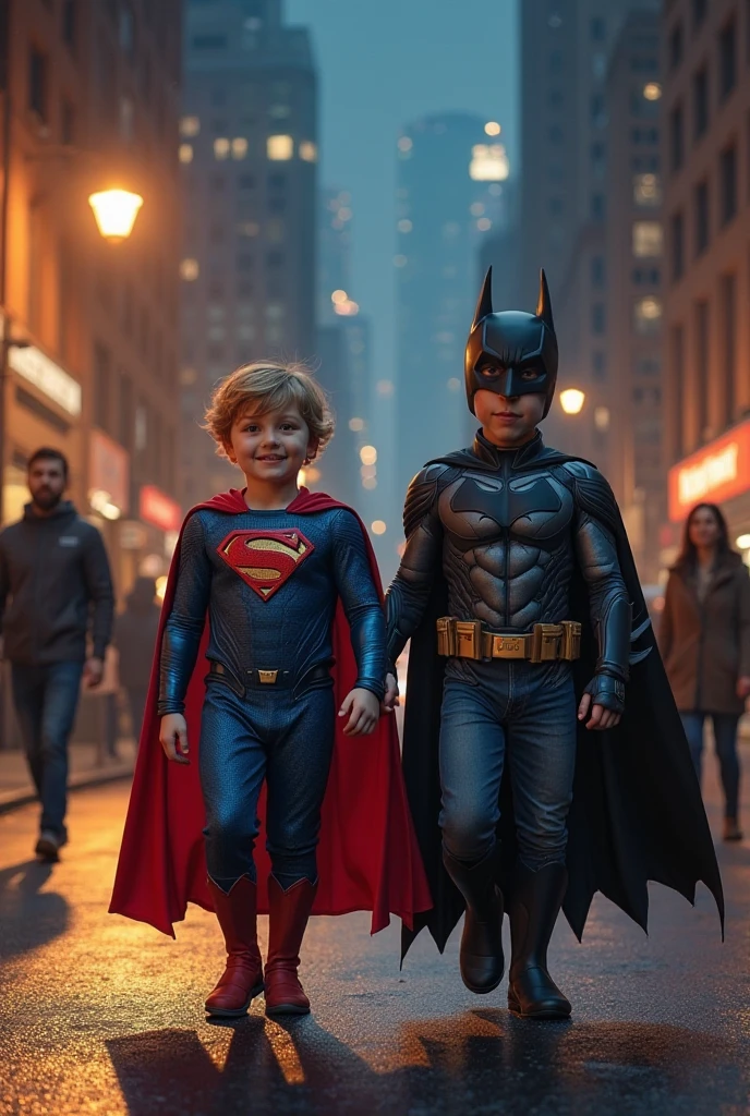 two cute kids as Batman and Spiderman, Batman is 7 years old and Spiderman is 3 years old, batman has black hair, short hair, facing camera, look at the camera, extremely detailed portrait, beautiful detailed eyes, beautiful detailed lips, extremely detailed facial features, detailed superhero costume, superhero poses, dynamic action, vibrant colors, cinematic lighting, epic fantasy, digital art, 8k, high resolution, hyper detailed, photorealisti4