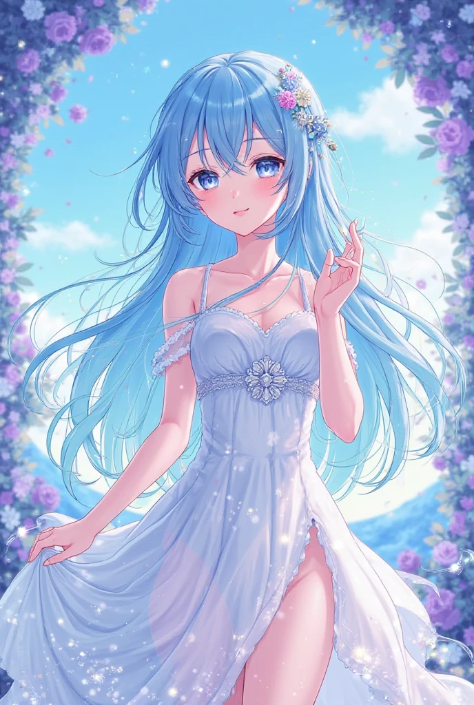 (fluffy anthro furry :1.3),rabbit girl,white rabbit ears,white rabbit tail,white lomg hair,smile,armpits,A sea of blue roses emerges in a vivid and enchanting garden, bathed in the soft glow of the setting sun. The roses glisten with delicate dewdrops, their vibrant blue petals beautifully contrasting against the lush green foliage. The mesmerizing scene is further enhanced by the gentle breeze, causing the roses to sway gracefully, as if dancing to nature's rhythm. The garden is alive with the vibrant colors and sweet fragrance of these unique and rare flowers. Each rose is exquisitely detailed, with intricate patterns and velvety textures that invite closer inspection. The petals are soft and velvety, and their edges are adorned with delicate, silver-white filaments that gleam in the sunlight. The air is filled with the intoxicating aroma of these exquisite blooms, creating an atmosphere of tranquility and serenity. The blue hues of the roses create a dreamlike ambiance, like a portal to a world of fantasy and wonder. The scene is captured with the utmost attention to detail and realism, ensuring the best quality and ultra-detailed rendering of the roses and the surrounding garden. The lighting is expertly crafted, with soft, warm tones cascading gently over the petals, evoking a sense of warmth and tranquility. The overall color palette is dominated by shades of blue and green, creating a harmonious and ethereal atmosphere. This masterpiece of art seamlessly blends the natural beauty of the roses with a touch of magical realism, transporting viewers to a realm where dreams come to life.low angle