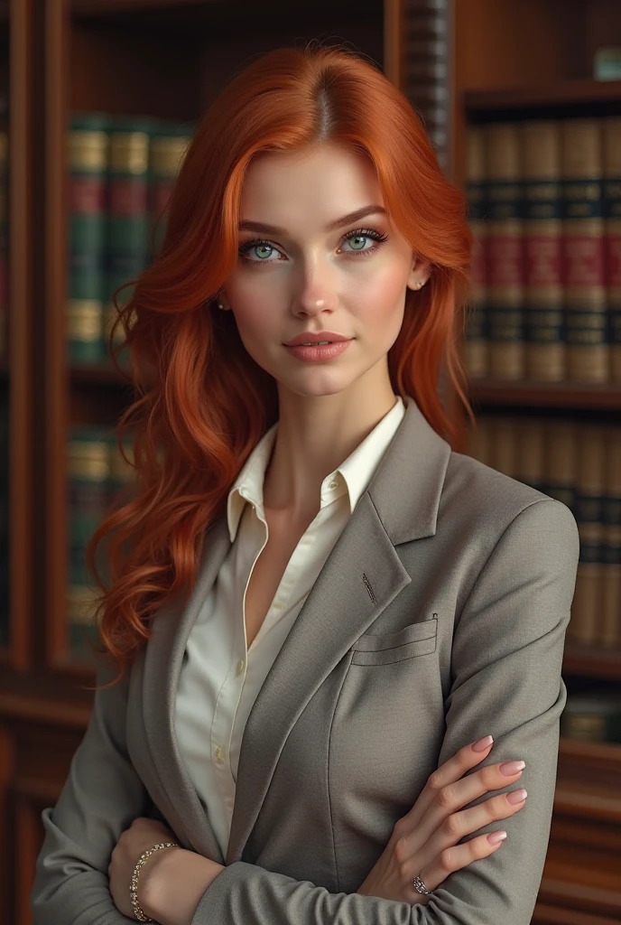 portrait of young woman in elegant wool business suit, (big breasts:1.25), bokeh, interstellar, film grain, old 18th century magic fantasy library, long elegant ginger hair
