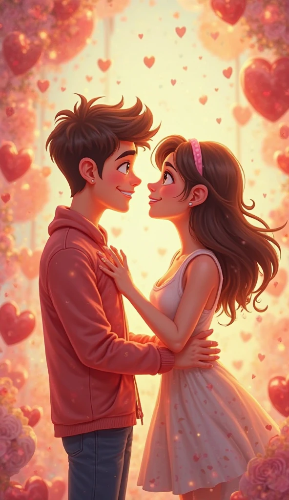 Imagine a charming and whimsical animated scene featuring a couple. Specifically, a boy with dark brown eyes and eyebrows and a girl, who is slightly shorter, with dark brown hair and blonde highlights. The boy is depicted hugging the girl from behind, both of them surrounded by a shower of colorful hearts. The artwork should be in a bold, vibrant, and playful style with a touch of magic, reminiscent of a certain popular 3D animation style.