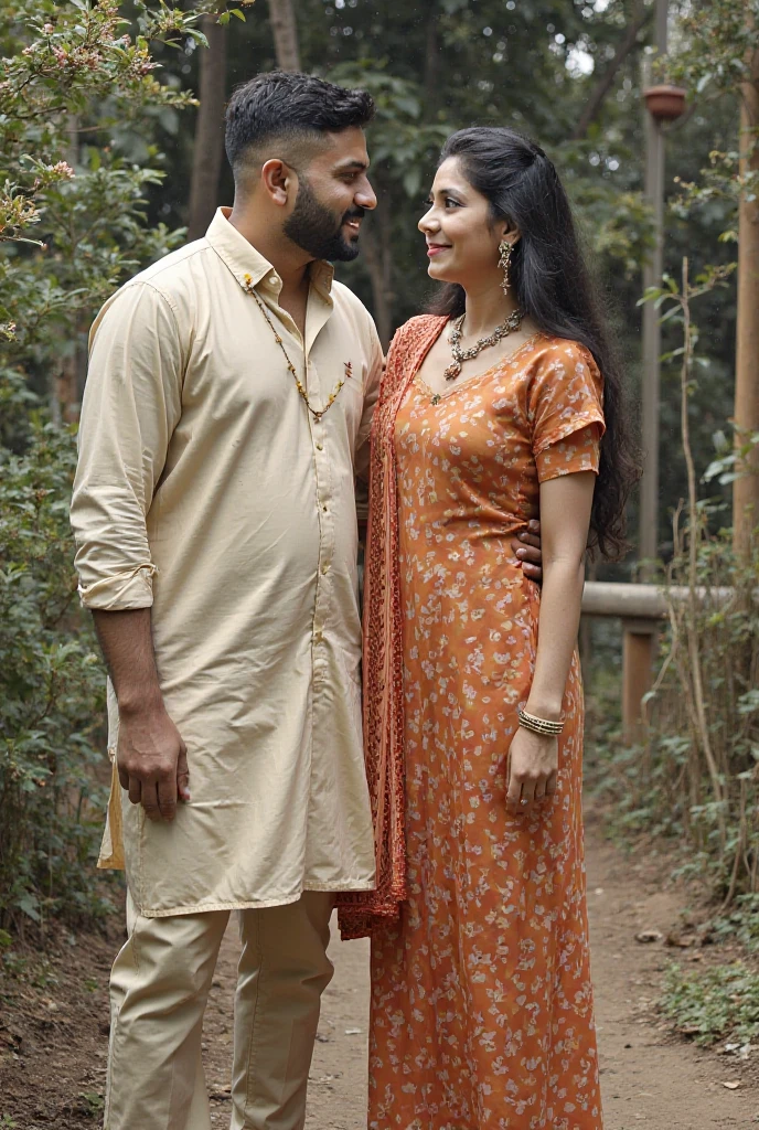 A 45 year old plus sized beautiful South Indian mom wearing red flowers printed cream colour chiffon saree hugging and kissing on lips on a 20 year old man, in a plantation ,full body image
