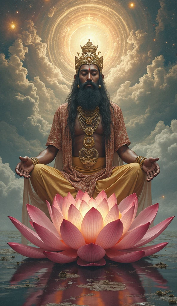 a photo of a man sitting in a lotus position on a lotus flower, attractive male deity, indian god, hindu god, sitting gracefully upon a lotus, with six arms, each holding a different object, holding a flower, a hamsa, a conch, a lotus, a totem, a rosary, hindu aesthetic, hindu art, nirvana, ultra detailed, highly detailed, krishna