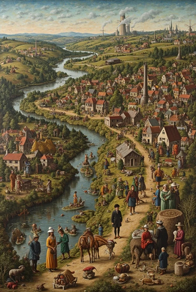 A hidden object in the style of Pieter Bruegel the Elder that addresses environmental pollution