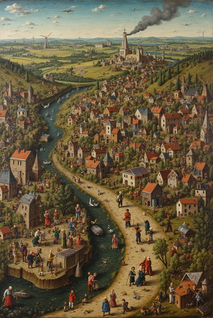 A hidden object in the style of Pieter Bruegel the Elder that addresses environmental pollution