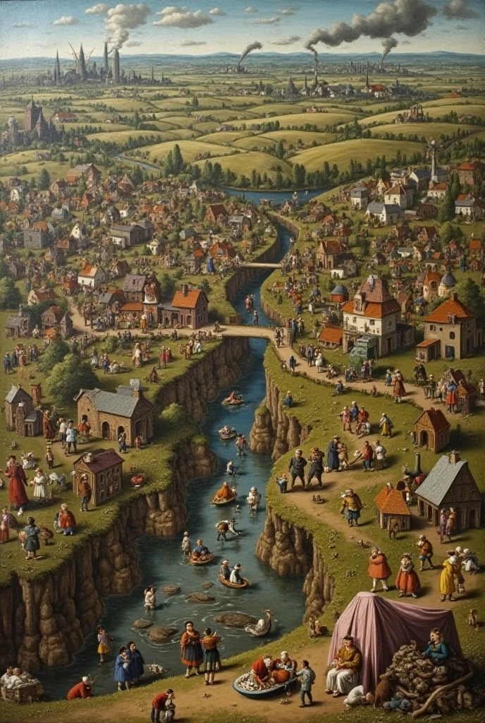 A hidden object in the style of Pieter Bruegel the Elder that addresses environmental pollution