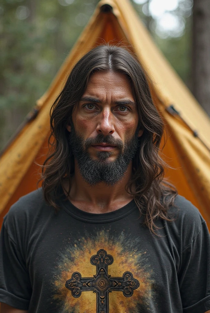 man 1.80 tall, long curly hair, with a semi-bushy mustache, bushy eyebrows, thin jesus christ type, and t-shirt and dark eyes, skinny