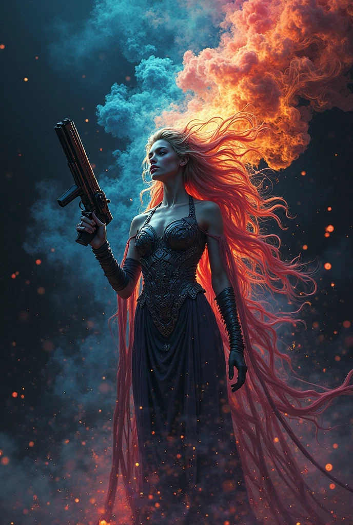 Best quality, masterpiece, super detailed high resolution, (realistic: 1.4), watercolor style, illustration, dazzling background color, 1 topless Girl Holding Weapon, (Solo Exhibition: 1.2), (Denim Lens: 1.2), (Hair Crown: 1.2), No Straps, (Red Eyeliner: 1.2), Earrings, Dynamic Angle, Opera House, messy_long_hair, Ink, Movie Lights, lens_flare, Velvet, Chrysanthemum, Tassels, Ribbons, Color Embroidery, topless