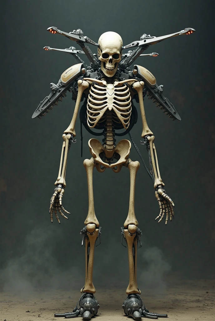 "Create a surreal hybrid image of a skeleton seamlessly fused with a helicopter. The skeleton's ribcage and spine should integrate naturally into the helicopter's fuselage, while its skull serves as the cockpit. The rotor blades extend from the skeleton’s shoulder blades like mechanical wings, and its limbs merge with landing skids and mechanical parts. The overall aesthetic should be eerie yet futuristic, with a dark, moody background to enhance the dramatic fusion of bone and machine."
