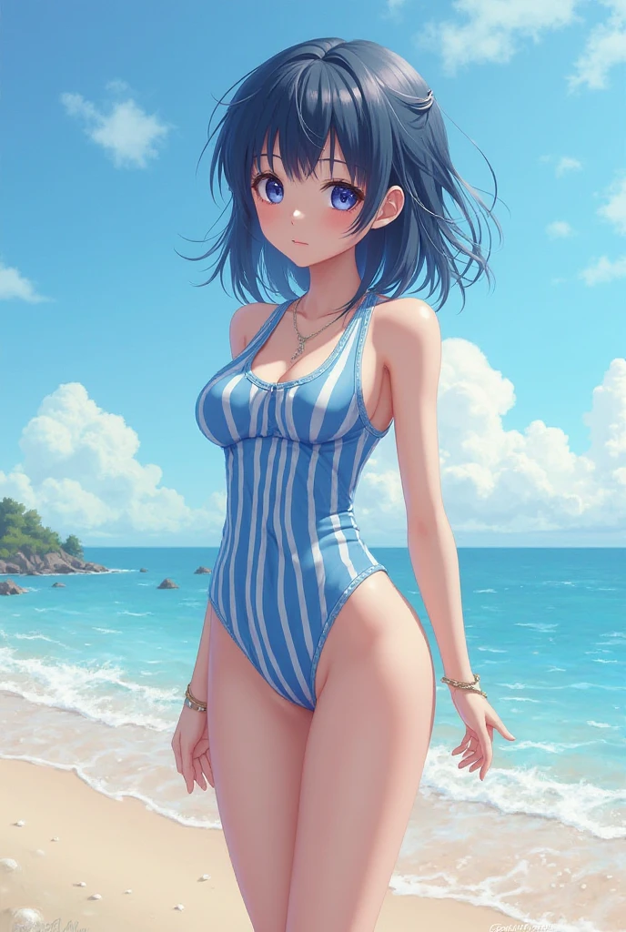 NSFW、In the best quality、Teenage girl standing on a sandy beach。In high resolution、Beautiful details、Quiet atmosphere。Black hair ponytail、Cute Smile.。Small breasts、Cute floral one-piece swimsuit。