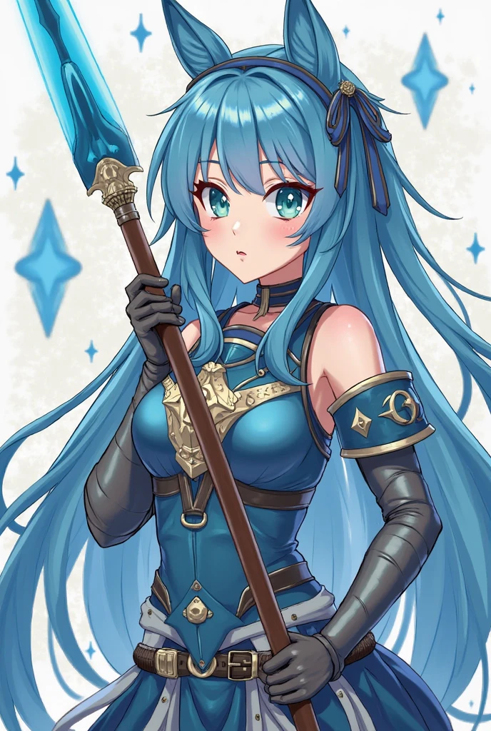 priest \(dq3\), orange bodysuit, long hair, 1girl, solo, breasts, looking at viewer, large breasts, red eyes, gloves, hat, blue hair, aqua hair, bodysuit, staff, tabard, cross print, mitre, (forest, blue sky:1.1)