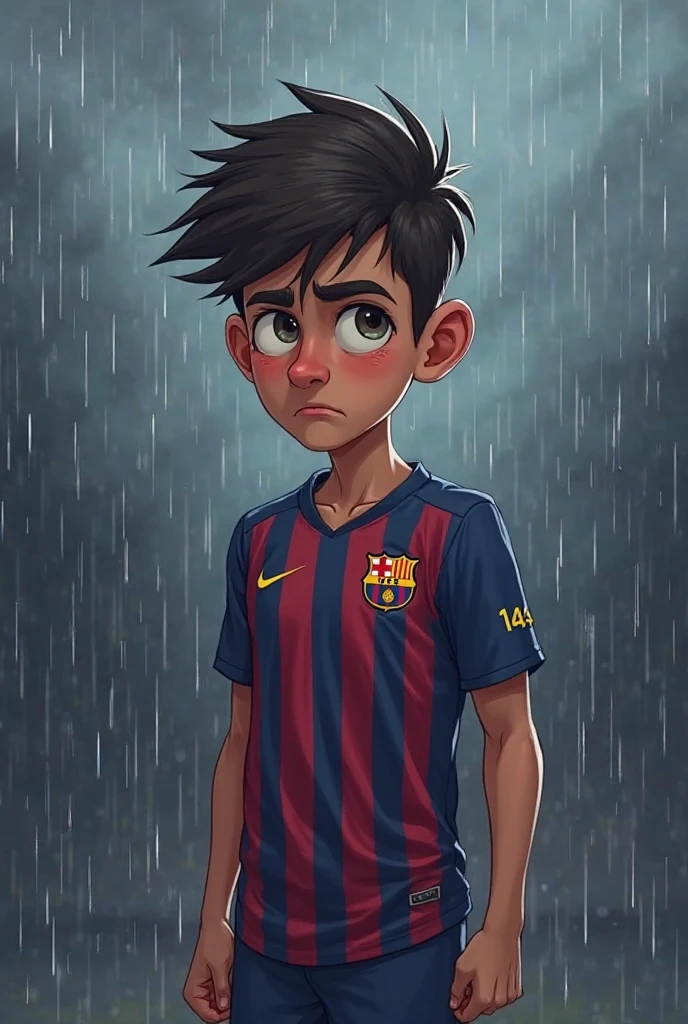 1 boy, 163cm, muscular, brown eyes, black messy hair, wearing Barcelona football shirt, photo-realistic, detailed, sharp focus, high quality, intricate details, digital art, hyperrealistic, dramatic lighting, warm color palette