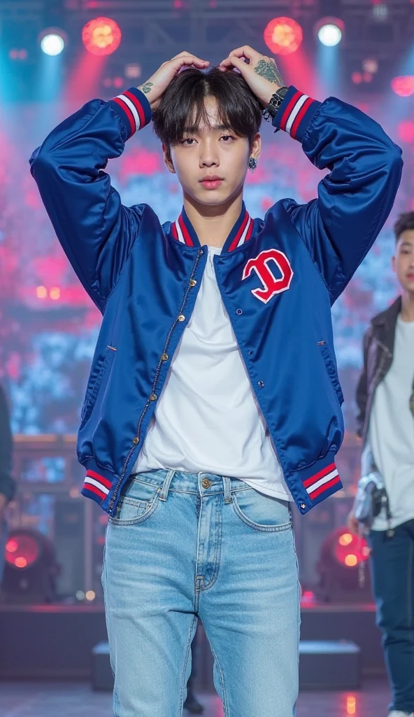 Alafis holding a microphone in a red jacket and jeans, Cai Xukun, jimin\'s plump lips, wearing red jacket, park jimin, Inspired by Bian Shoumin, jimin\'s grecian nose, wearing a jacket, key still, cool red jacket, jimin, jinyoung shin aesthetic, jungkook, Performing on stage, Kim Do-young, Red jacket, jia