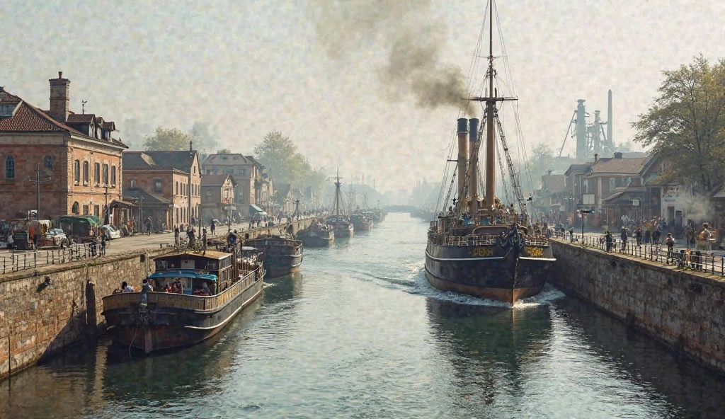 scenery:
Canal: A long and wide canal, which can be surrounded by stone or earthwork walls, with clear but somewhat cloudy water due to the ship moving. Small bridges or pillars across the channel, with several houses, Workshops or warehouses along the shore.

ship: A large ship, is usually a steamer or small boat with a roof, moving along the channel. Ships can be equipped with steam engines, with smoke rising from the ship's chimney. The ship has a simple but robust shape, with propellers or rudders to control the vessel on the water.

Workers on board: Workers may be operating the ship, controlling parts of ships or unloading goods from ships. A few workers can stand on the ship compartment, while others were inspecting the machinery hooks or vessels running along the canal.