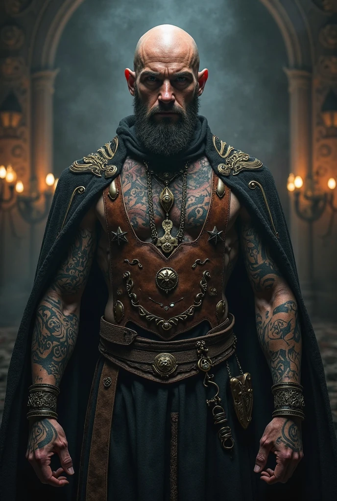 a bald human wizard who has no beard, wearing a red tunic and full of black marks on his body