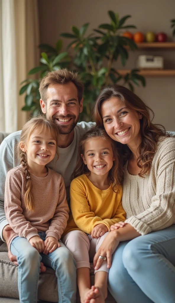 Image of a family with a mother, a father, and two children, gathered in a house under construction