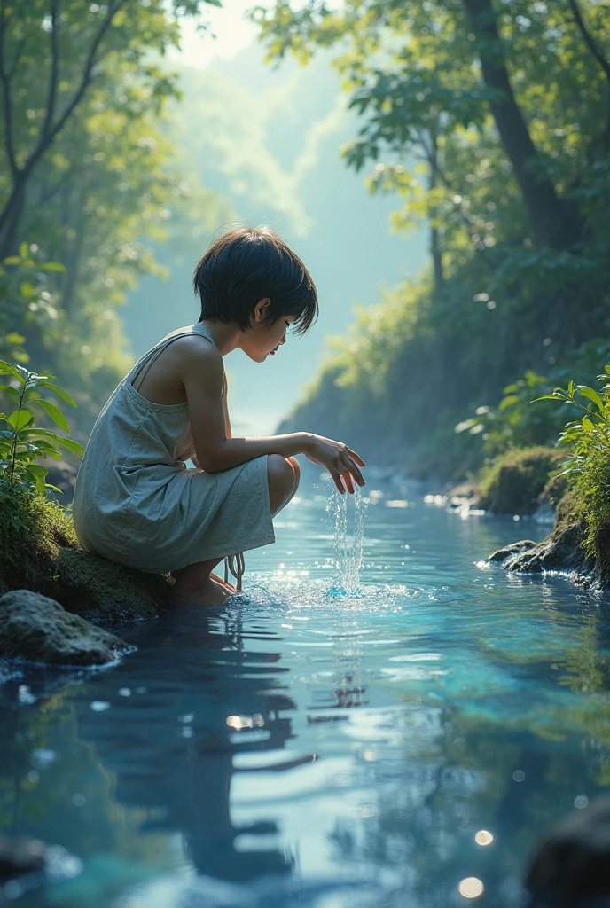 Show Mia by a small, sparkling stream in the forest. She is kneeling beside the water, noticing tiny paw prints in the mud. Her face lights up with hope, and the forest around her is a mix of light and shadow, with the gentle stream flowing beside her.