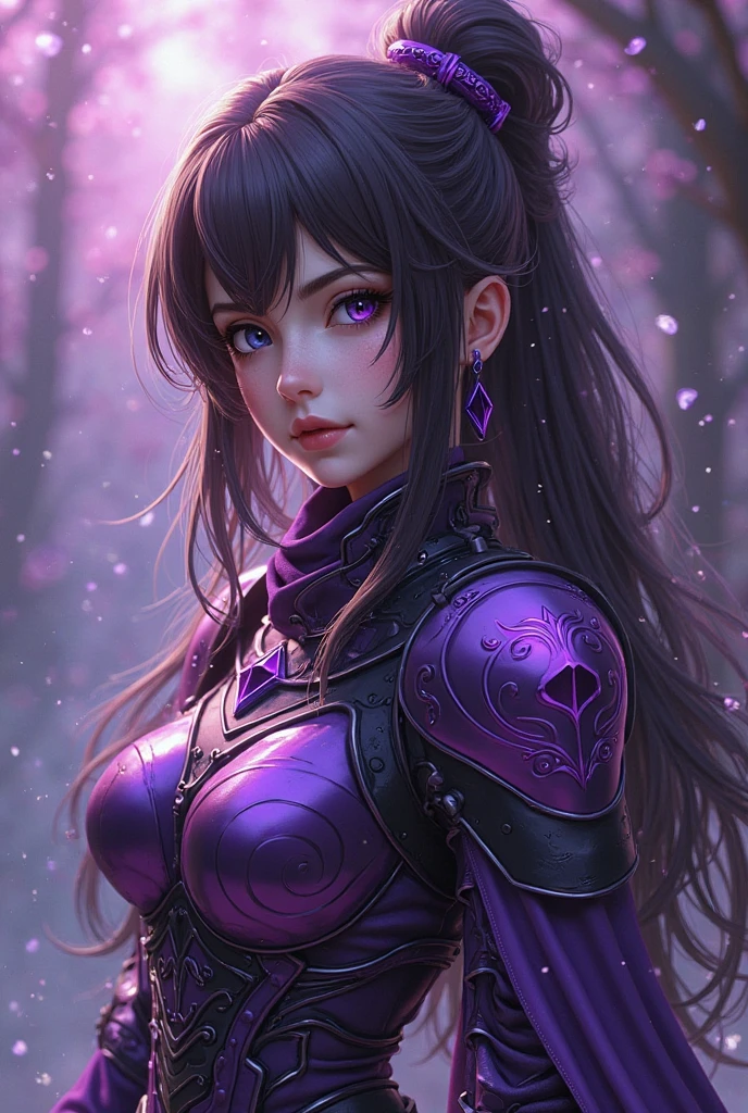((Mileena de la serie mortal kombat))(Ella tiene grandes ojos amarillos brillantes)(labios rojos) (Cabello negro largo y lacio)((huge monster fangs)((pechos muy grandes)) (Cuerpo delgado perfecto) (She wears a purple outfit, face mask ninja, Guantes largos morados Medias largas moradas) (Hand hold 2 Sai metal) (She is inside a dark temple) (a high definition, Dynamic volumetric lights and shadows)((Obra maestra))(8k)(Cara perfecta)(Ultra detalles) (Manos perfectas, ojos, y cara)