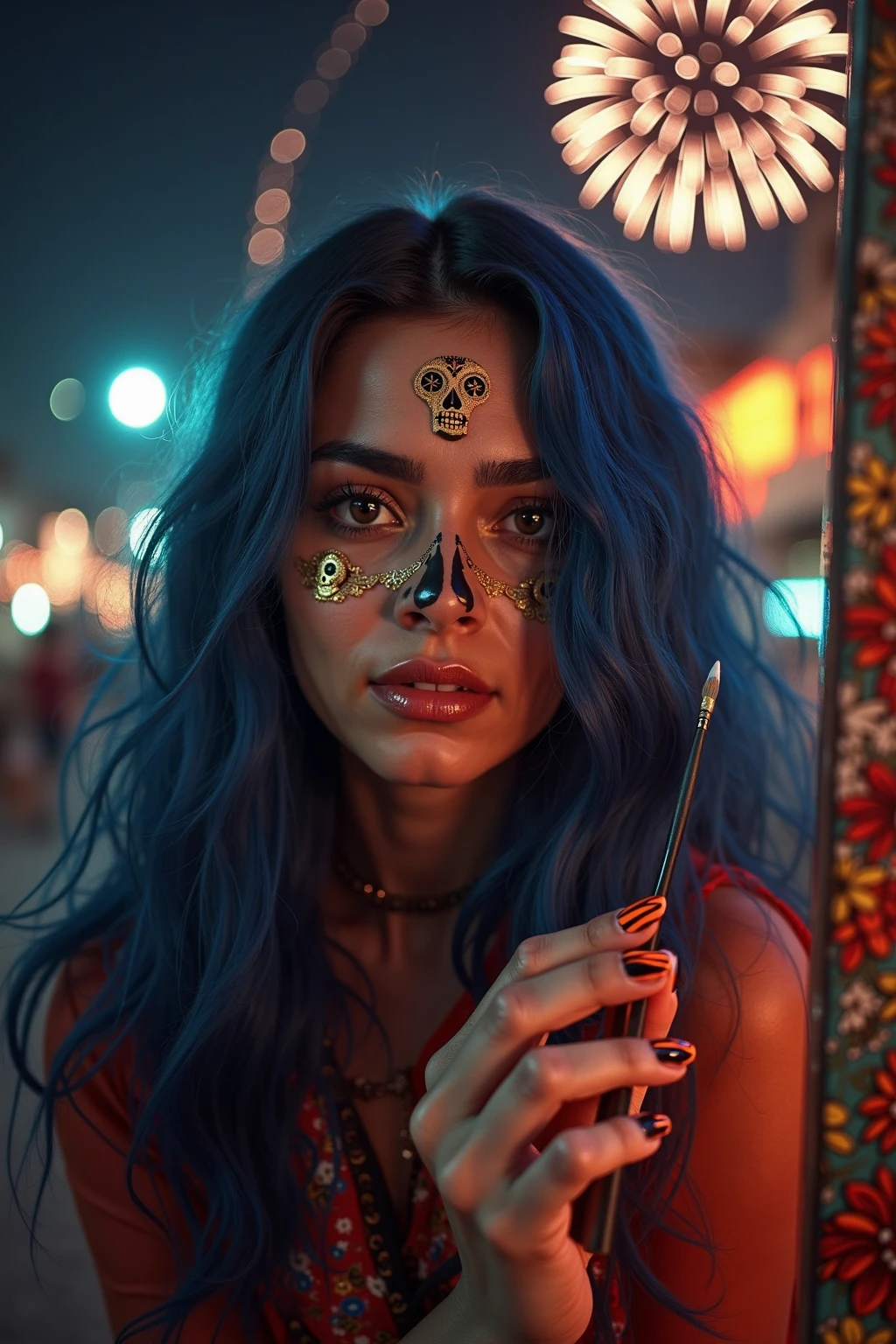(foto oscura:1.4), 80mm, Una hermosa mujer con cabello largo y rizado con (colorful makeup Dia de Muertos:1.3): posando en una fiesta, Corona de rosas (en la cabeza:1.2), intrincado detallado largo (vestido rojo:1.3) con detalles de encaje negro, 4k, 8k, (Detalles intrincados:1.12), HDR, (Detalles intrincados, hiperdetallado:1.15), (Textura natural de la piel, Hiperrealismo, Luz suave,  afilado:1.2), Luz suave, afilado, exposure blending, Plano medio, Bokeh, (HDR:1.4), alto contraste, (Kinematic, azul marino y naranja:0.85), (colores suaves, colores tenues, tonos suaves:1.3), Low saturation, (hiperdetallado:1.2), (negro:0.4) mirada sensu