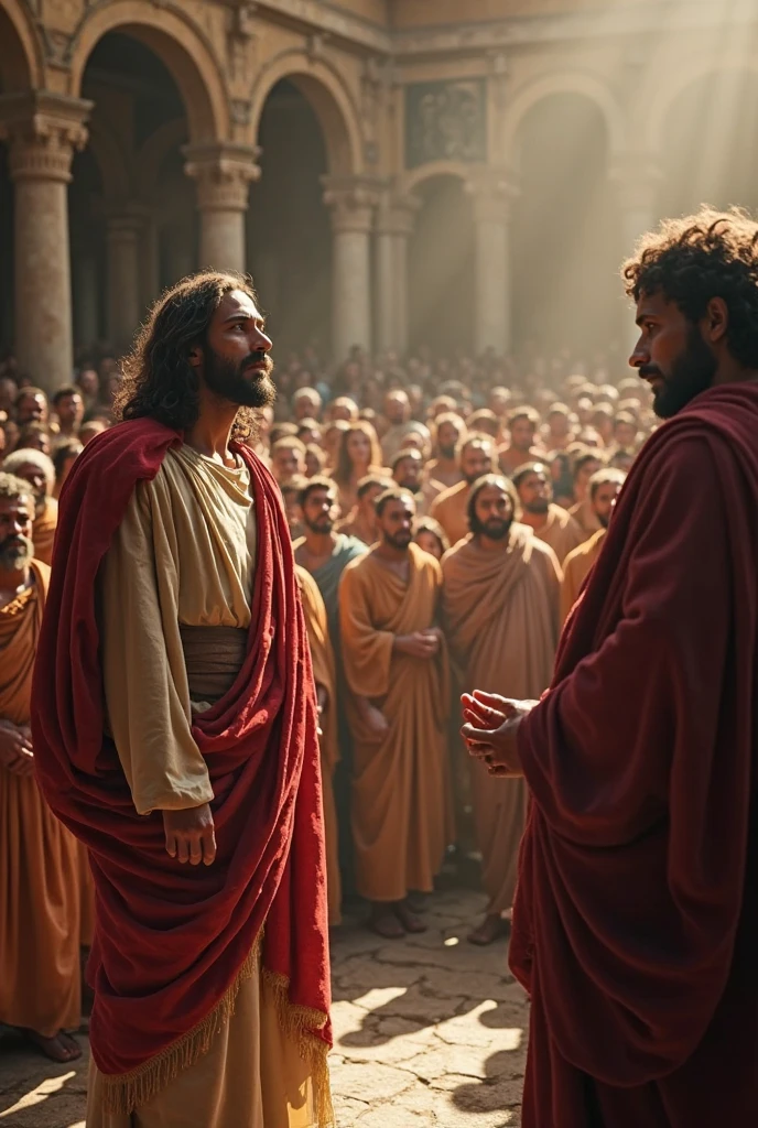 ((best quality)), ((masterpiece)), (detailed), perfectly do O rei Dario, standing on a platform, announces to the people that the God of Daniel is powerful. Daniel, blond and short haired, is next to the king, with an expression of gratitude and humility. Ao fundo, the crowd listens attentively.
