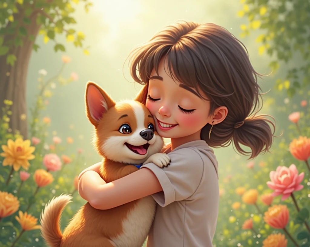 from this platform: "There is a small dachshund that is hugging a long black haired teenage girl in the park" The puppy has a white spot around the nose and small spots that extend to the face in 75% of the face , The animal's legs are those of a dog