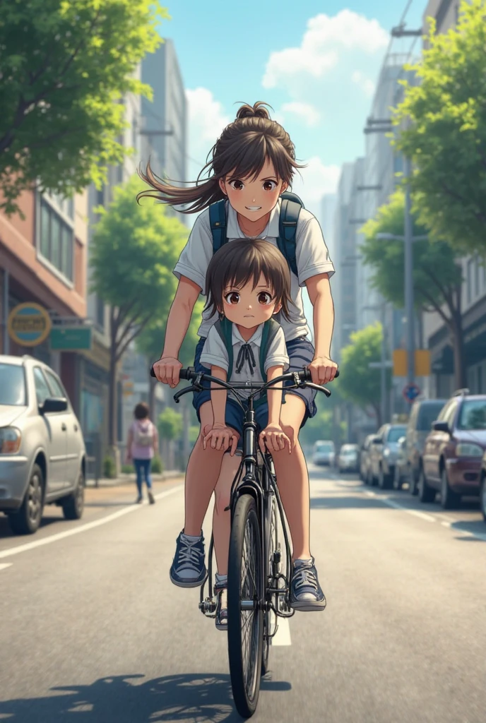 (masterpiece),(Highest quality),(Emotional)、Biking adventures。Going on a bike ride with friends。Two girls。Girl with light brown hair。The expression is a surprised face。