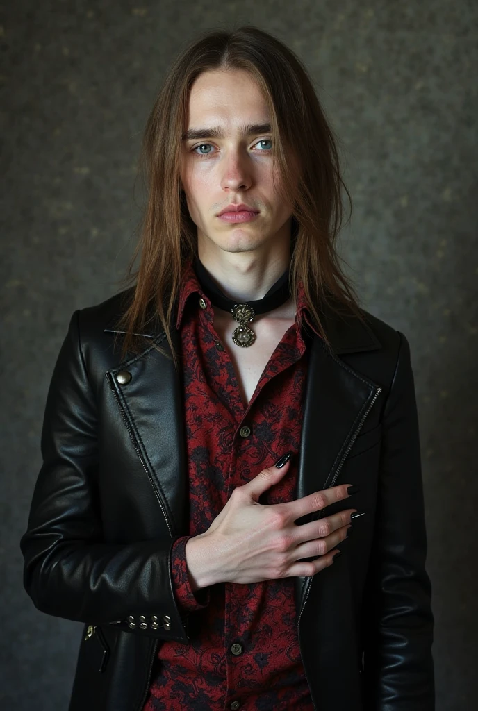 stylist man, red medium length hair, fashion wearing, posing, fashion light background, smirk, green eyes