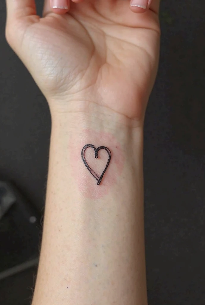 Newly made tattoo with the name Mariana SMALL on the finger with a heart that looks as real as possible