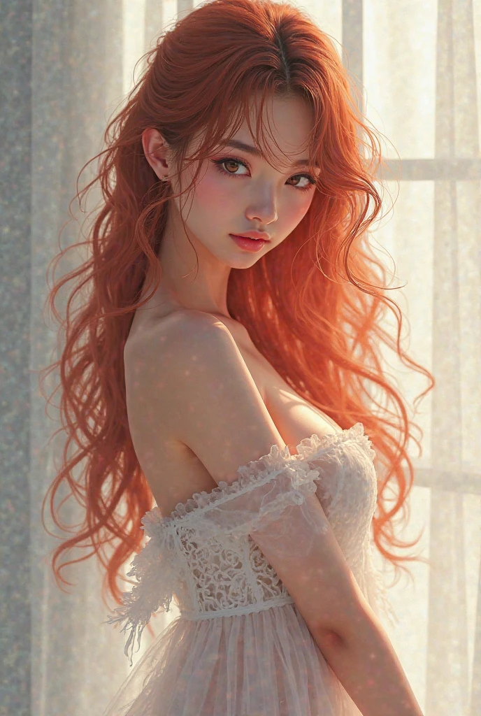 1girl, posing for the camera, embarrased, portrait, cute, long hair, red hair, small breasts, white dress, indoors, back light, by a professional photographer, butteflies, particles, magic in the air, wind, aura, (masterpiece, best quality, hires, high quality, by professional artist, ultra detailed, extremely detailed, absurdres, incredibly resolution:1.2)