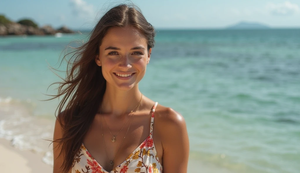 On a beautiful beach with white and blue attire, and a more exposed background, you can find a 30-year-old woman with a fuller figure, smiling brightly. She holds a medication package with a radiant smile on her face, with two boats in the background.