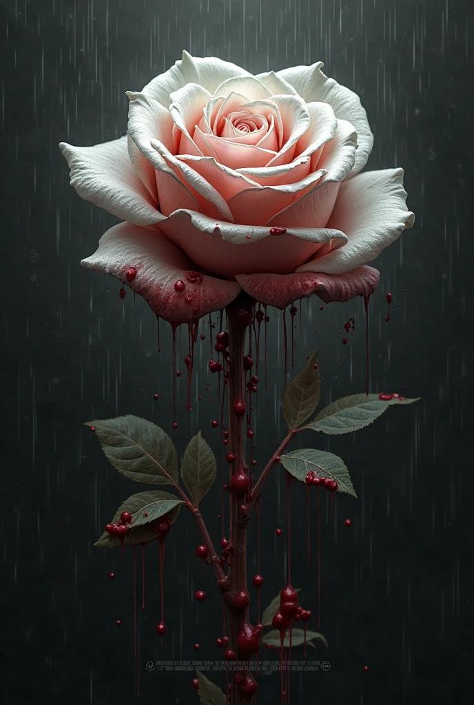 macabre style Mysteries and chilling depiction of a solitary white rose, petals glistening with moisture, bleeding with blood, shrouded in an aura of dark magic and malevolence, Renowned artist Apterus masterfully captures the grim essence of this haunting botanical specimen, as crimson liquid drips slowly from its delicate petals, . dark, gothic, grim, haunting, highly detailed